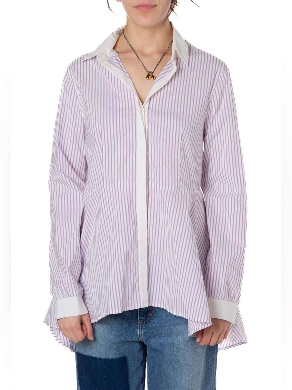 ST. JOHN Beaded Striped Peplum Button Down Shirt